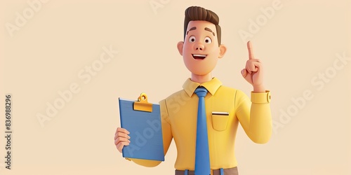 a image of a cartoon man in a yellow shirt and tie holding a clipboard photo