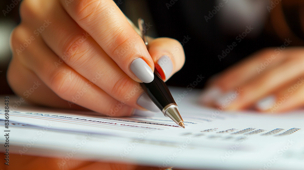 Businesswoman's Hand Holding a Pen over Financial Document, close up of lady signing the document, contract signature