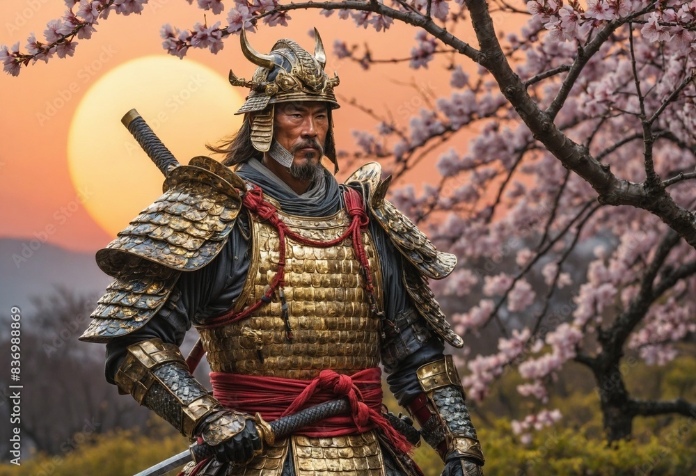 Ancient Samurai clad in ornate armor made of dragon scales, standing in a field of glowing sakura trees under a blood-red moon, ancient samurai Ancient Samurai clad in ornate armor made of dragon scales, standing in a field of glowing sakura trees under a blood-red moon, ancient samurai
