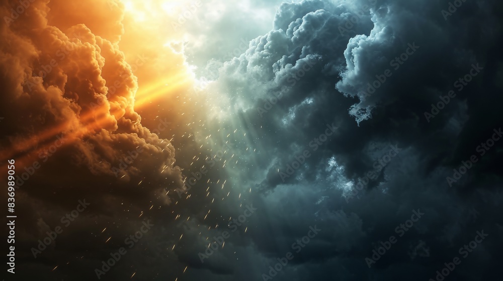 Background depicting a ray of sunshine breaking through the clouds and a dark cloud covering it, expressing the struggle between light and darkness --no text --ar 16:9 --quality 0.5 Job ID: 687e6dee Background depicting a ray of sunshine breaking through the clouds and a dark cloud covering it, expressing the struggle between light and darkness --no text --ar 16:9 --quality 0.5 Job ID: 687e6dee