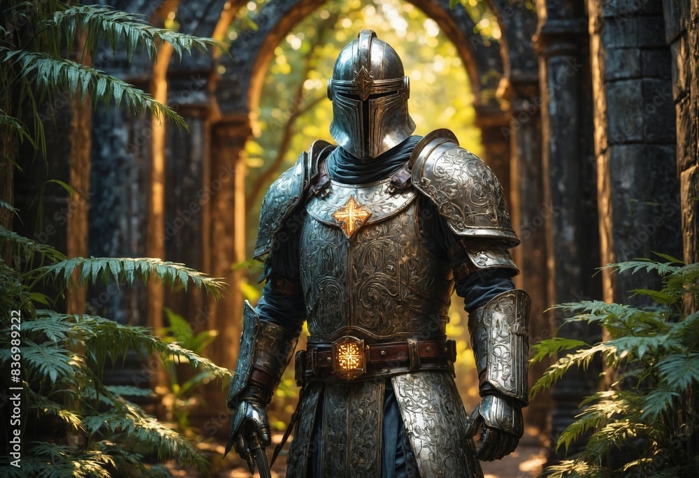 A Templar automaton stands guard at the entrance to an ancient temple hidden deep within a jungle of foliage. A Templar automaton stands guard at the entrance to an ancient temple hidden deep within a jungle of foliage.