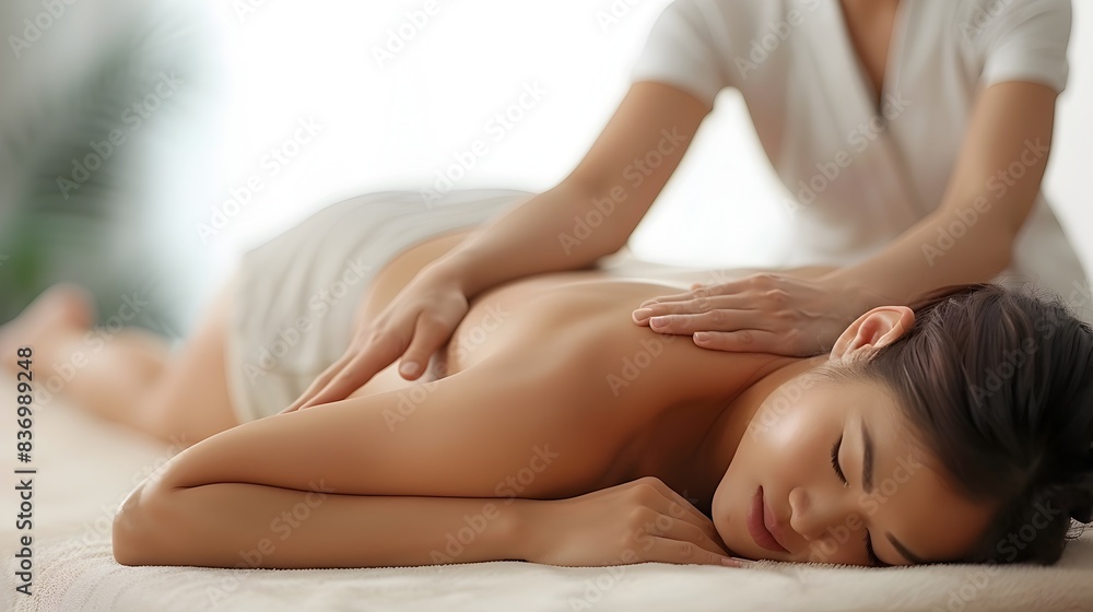 Obraz premium Asian Woman on Massage Table Receiving Therapeutic Back Massage in Quiet Professional Setting