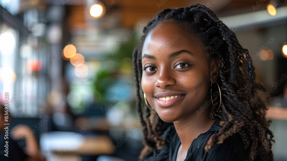 Young woman smiling and working in a creative office space Young woman smiling and working in a creative office space