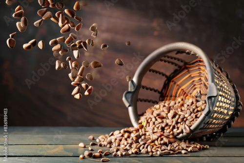 pine nutes in a basket on a wooden table photo