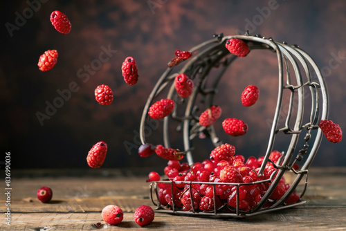 redberries in a basket on a wooden table photo