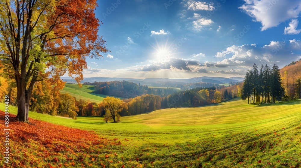 Fototapeta premium Enchanting autumn landscape. sunny panorama of rural idyll in picturesque fall setting