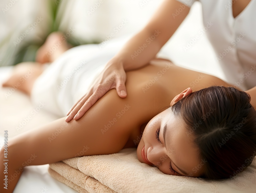 Calming Asian Woman Receiving Soothing Massage Therapy in Professional Setting Calming Asian Woman Receiving Soothing Massage Therapy in Professional Setting