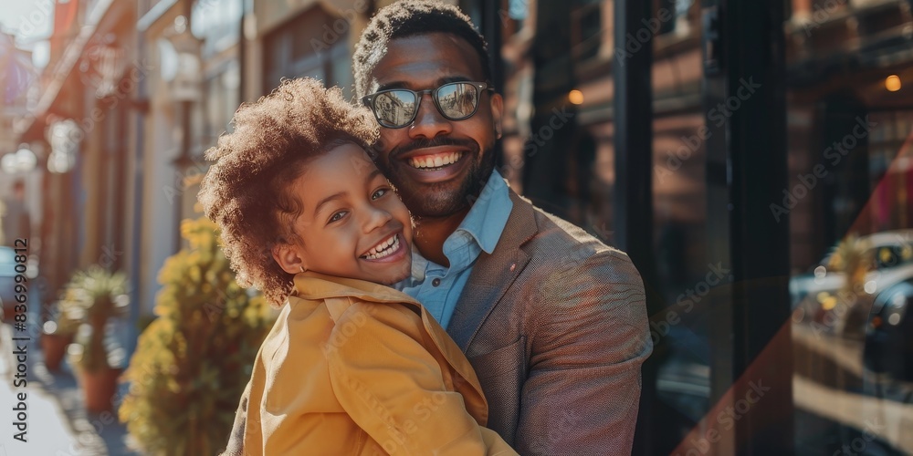 A man and a child are smiling and hugging each other on a sunny day A man and a child are smiling and hugging each other on a sunny day