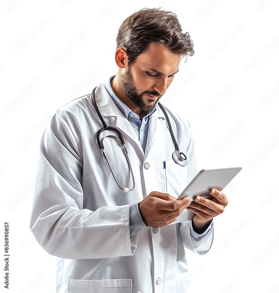 Confident male doctor using smartphone on isolated transparent background Confident male doctor using smartphone on isolated transparent background