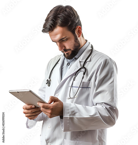 Confident male doctor using smartphone on isolated transparent background