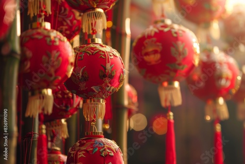 Elegant red and gold bun decorations dangle gracefully from traditional bamboo poles during the vibrant Bun Festival celebration in Hong Kong. photo
