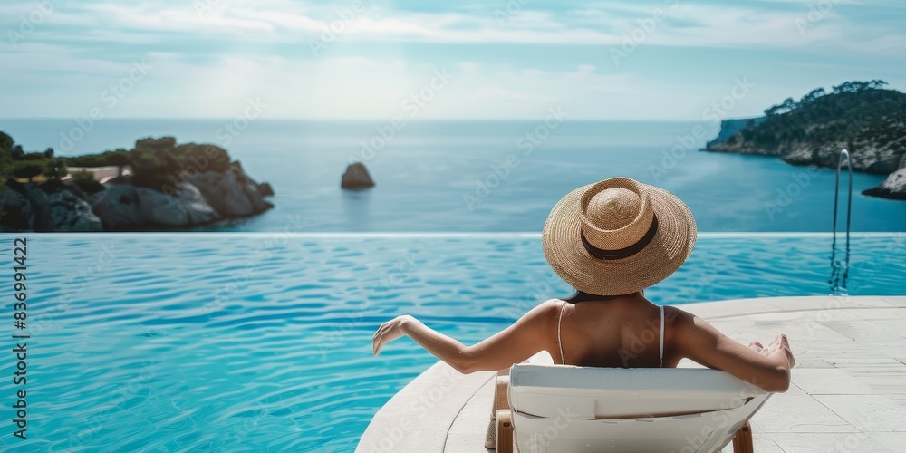 Fototapeta premium A woman wearing a straw hat is sitting on a chair by a pool