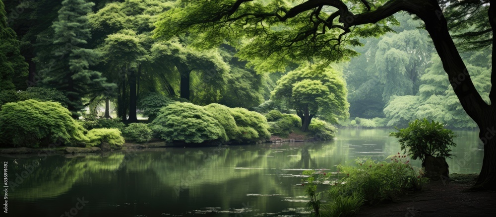 Obraz premium tree forest garden leaf green nature ecology park nature grass lake. Creative banner. Copyspace image