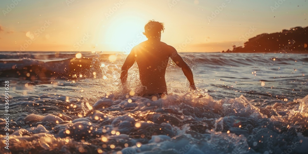 A man is in the ocean, splashing water and enjoying the sun A man is in the ocean, splashing water and enjoying the sun