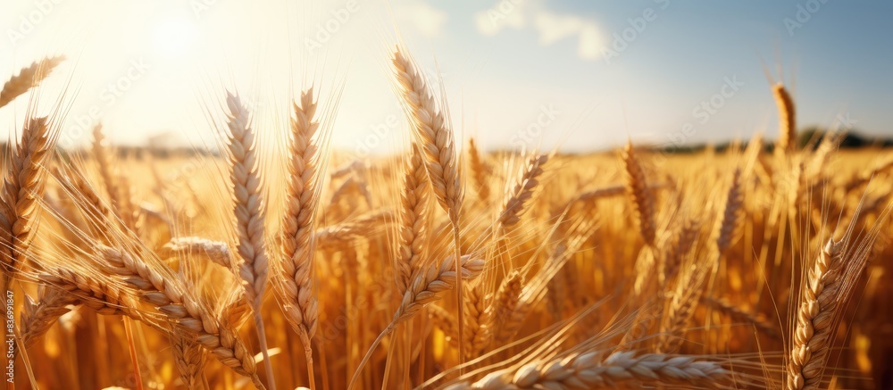Golden wheat close up on sun Rural scene under sunlight Summer background Growth harvest. Creative banner. Copyspace image Golden wheat close up on sun Rural scene under sunlight Summer background Growth harvest. Creative banner. Copyspace image