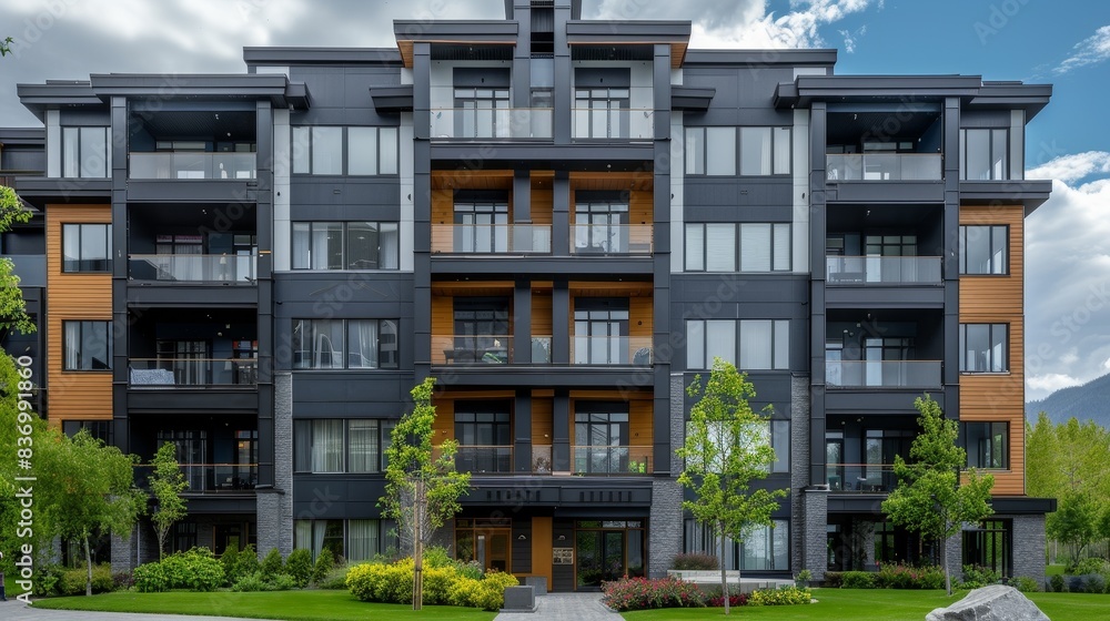 A large apartment building with a lot of windows and a green lawn A large apartment building with a lot of windows and a green lawn