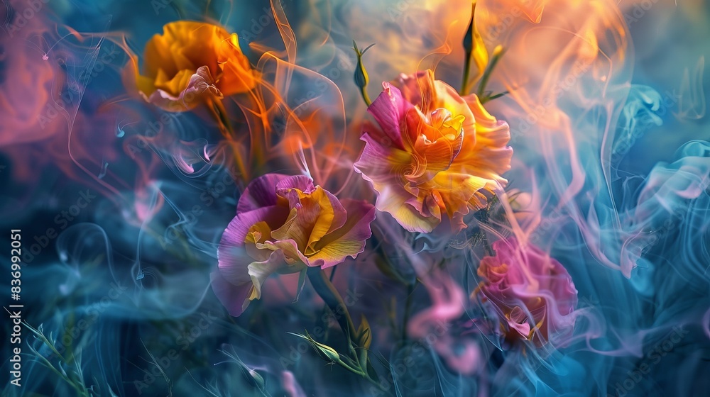 Obraz premium Vibrant Flowers Engulfed in Ethereal Smoke. Surrealistic Nature Art