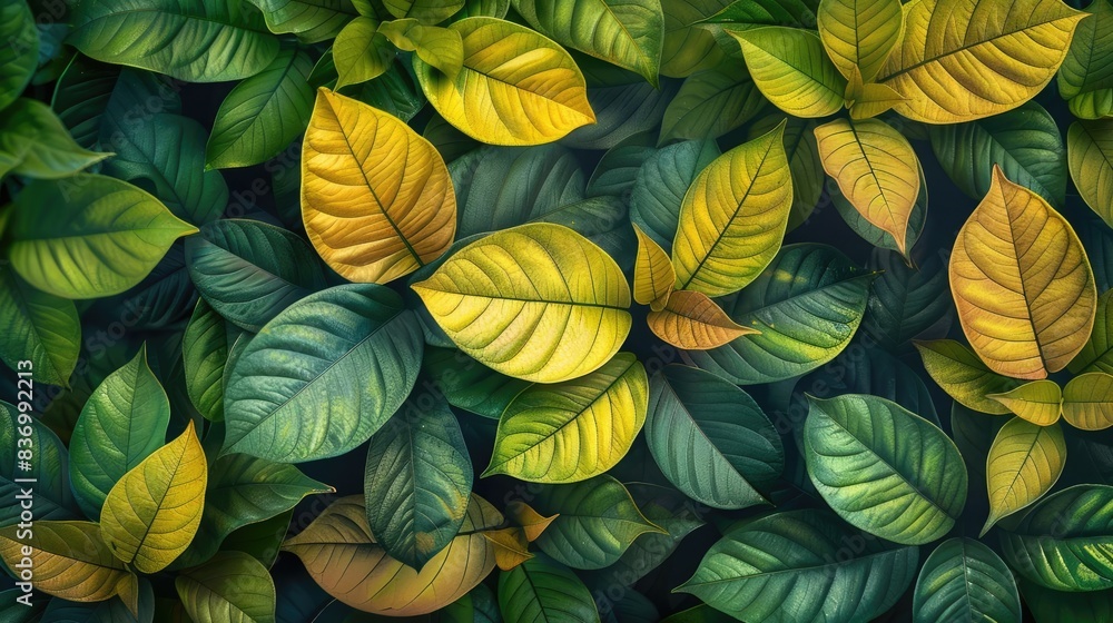 Vibrant, colorful leaves arranged in a beautiful pattern, showcasing various shades of green and yellow in a lush, textured botanical backdrop. Vibrant, colorful leaves arranged in a beautiful pattern, showcasing various shades of green and yellow in a lush, textured botanical backdrop.