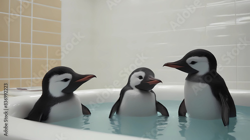 deux pingouins mignons qui nagent dans une baignoire située au milieu d'une salle de bain photo