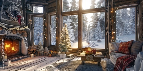 A cozy living room with a fireplace, a Christmas tree, and a couch
