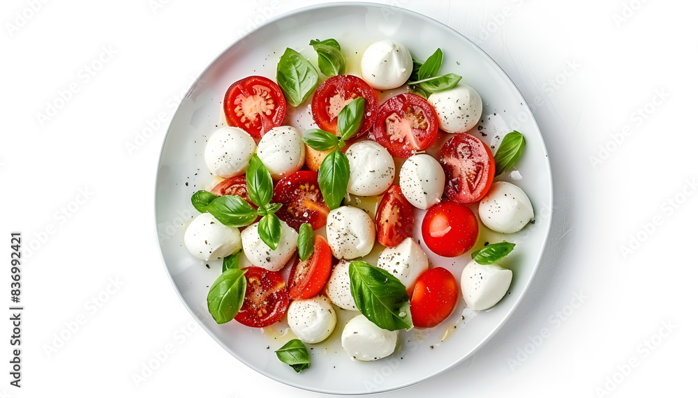 Plate of tasty salad Caprese with tomatoes, mozzarella balls and basil isolated on white, top view Plate of tasty salad Caprese with tomatoes, mozzarella balls and basil isolated on white, top view