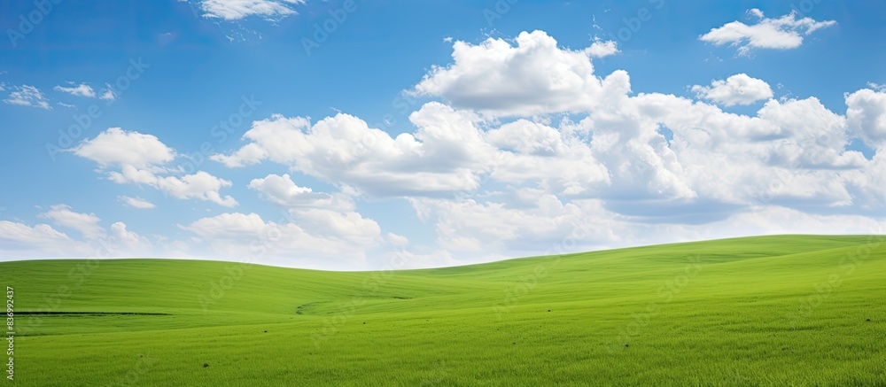 Fototapeta premium Clean green field and sky with large clouds. Creative banner. Copyspace image