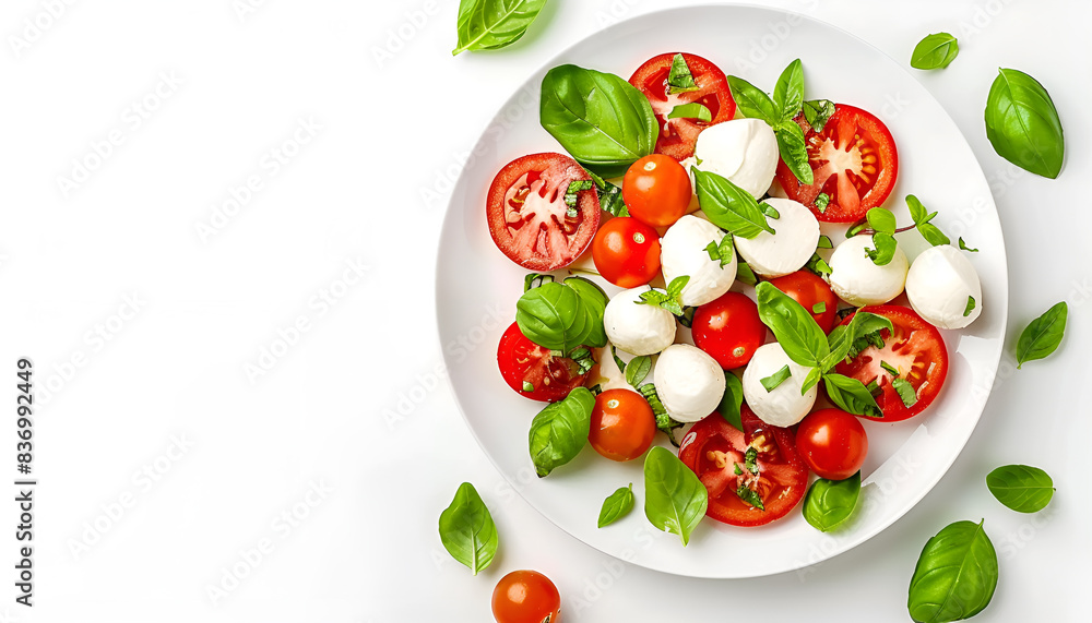 Plate of tasty salad Caprese with tomatoes, mozzarella balls and basil isolated on white, top view Plate of tasty salad Caprese with tomatoes, mozzarella balls and basil isolated on white, top view