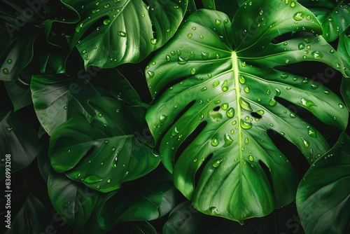 Close-up of lush green monstera leaves with water droplets, showcasing the beauty of tropical foliage and natural textures.