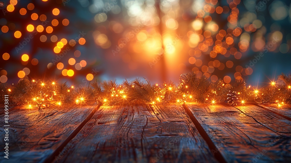 Blur christmas lights on wooden planks, low depth of focus with copyspace Blur christmas lights on wooden planks, low depth of focus with copyspace