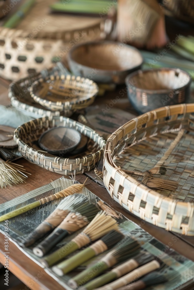 Mastering the Art of Traditional Basket Weaving: Close-up of Craftsman's Setup with Tools and Materials Mastering the Art of Traditional Basket Weaving: Close-up of Craftsman's Setup with Tools and Materials