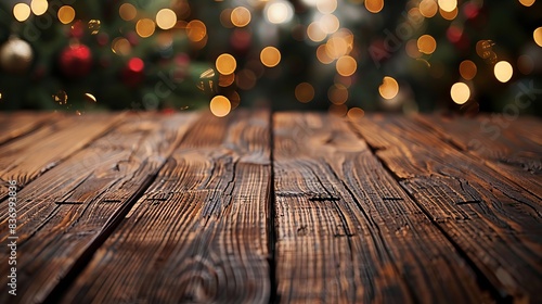 Blur christmas lights on wooden planks, low depth of focus with copyspace