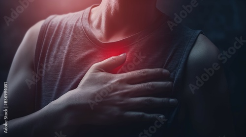 Person holding hand over glowing heart symbolizing health issues related to chest, heart, or torso inflammation © Patrick