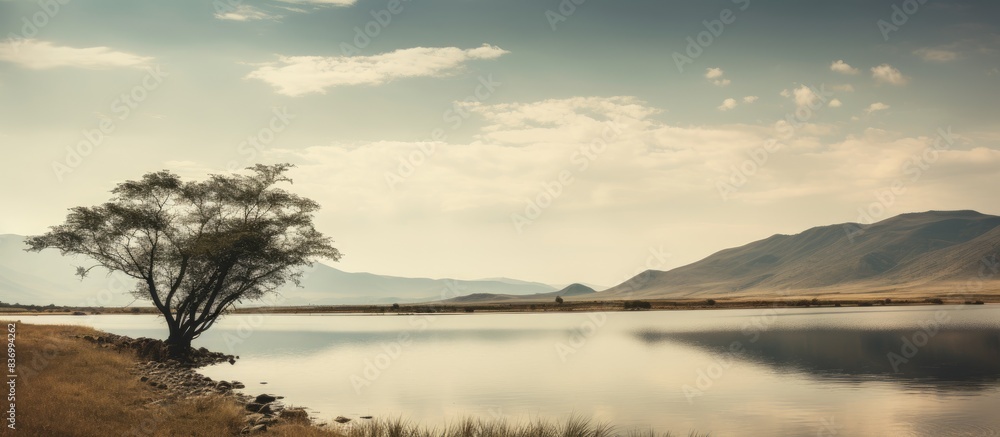 Summer landscape with curved lake shore. Creative banner. Copyspace image