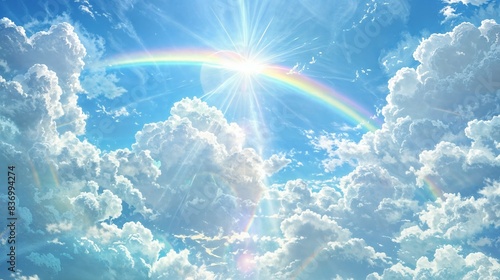 The blue sky is full of white clouds, with a rainbow shining in the center and sun rays shining on it
