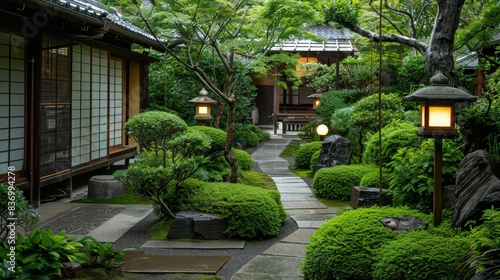 Tranquil Japanese Tea Garden with Stone Path and Lanterns, Ideal for Cultural and Gardening Themes