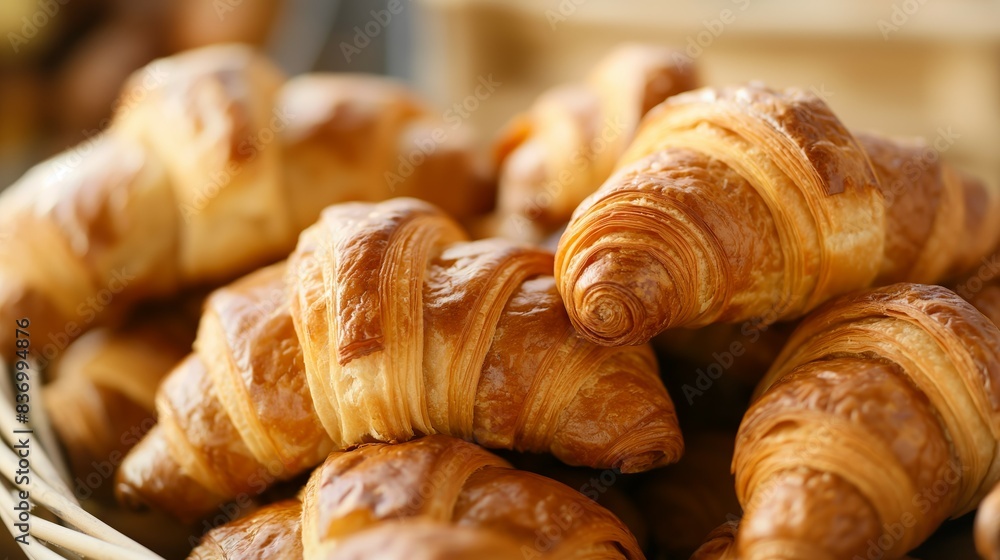 Freshly baked croissants in a basket with morning sunlight Freshly baked croissants in a basket with morning sunlight