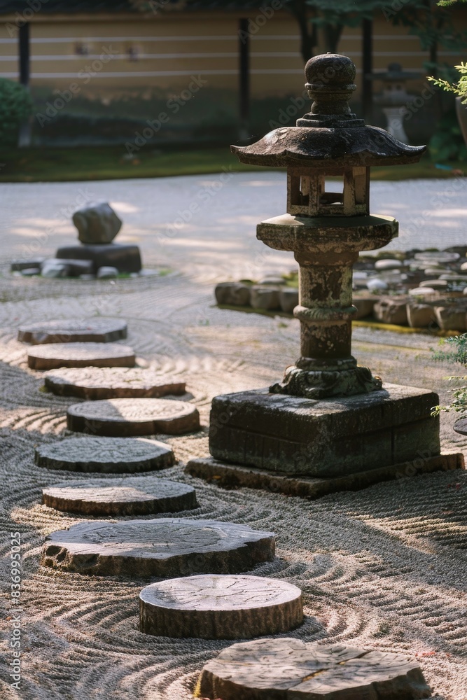 Tranquil Japanese Zen Garden with Raked Gravel and Stone Lanterns for Meditation and Cultural Content Tranquil Japanese Zen Garden with Raked Gravel and Stone Lanterns for Meditation and Cultural Content