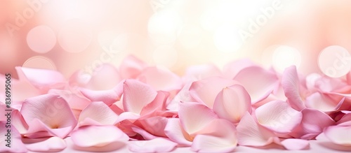 Pink rose petals on abstract blur romance background Soft pink roses pastels background valentines wedding. Creative banner. Copyspace image