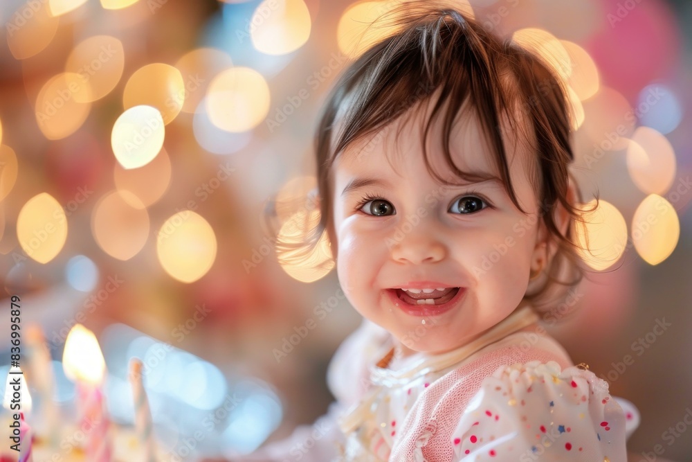 Cheerful little girl with a bright smile celebrates with birthday cake, bokeh lights background Cheerful little girl with a bright smile celebrates with birthday cake, bokeh lights background
