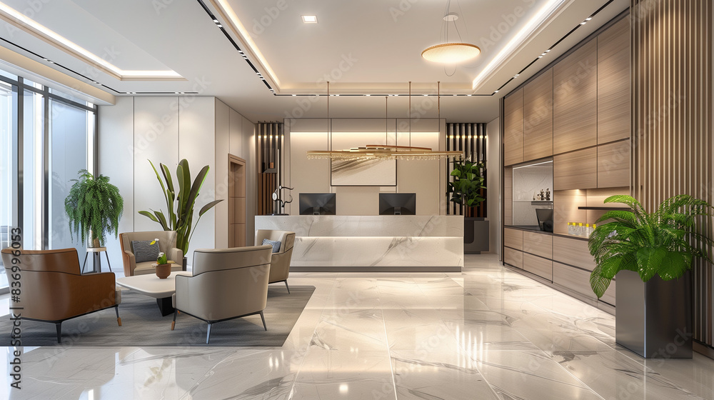 Fototapeta premium Modern Office Reception Area with Comfortable Seating