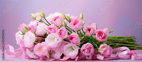Festive bouquet Pink flowers Eustoma. Creative banner. Copyspace image