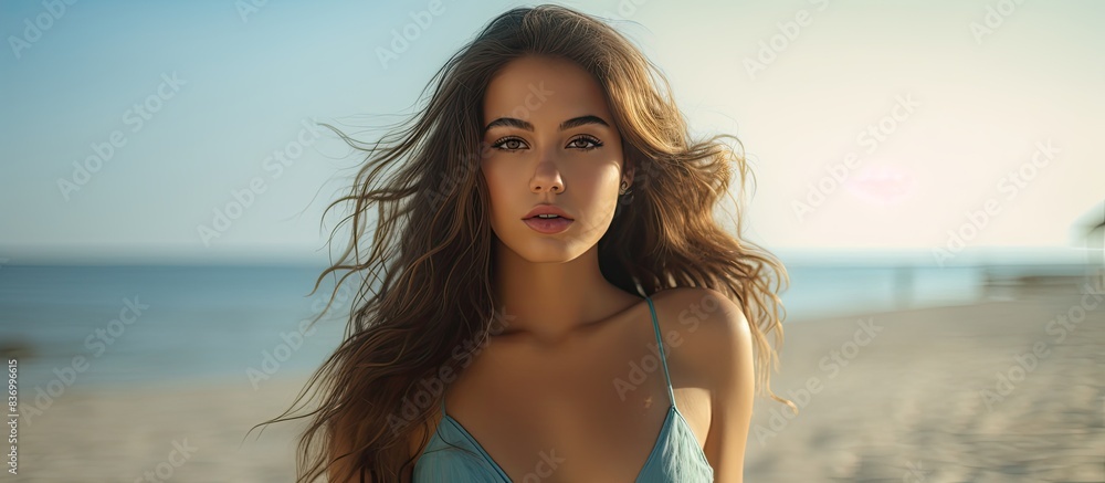 little girl model on the beach. Creative banner. Copyspace image little girl model on the beach. Creative banner. Copyspace image