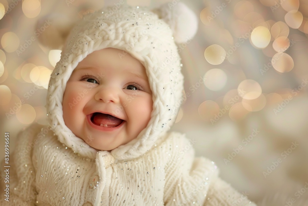 Smiling infant dressed in a cozy knit sweater and hat, with a sparkling bokeh background Smiling infant dressed in a cozy knit sweater and hat, with a sparkling bokeh background