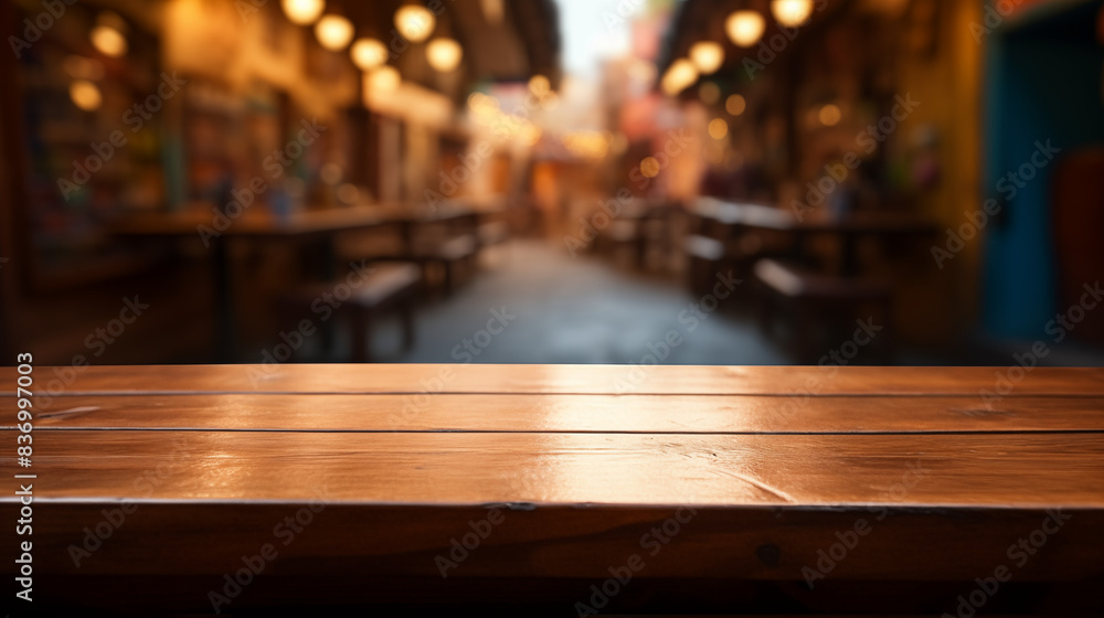 Wooden tabletop with blur background