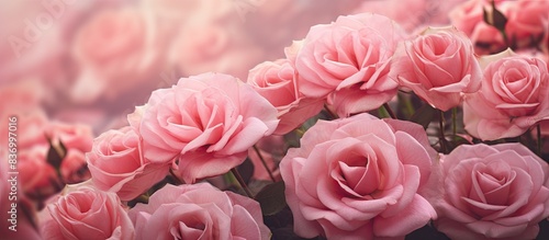 Pink roses growing outside. Creative banner. Copyspace image