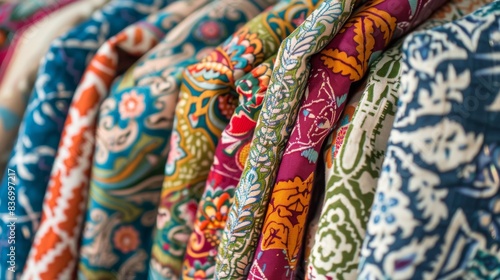Colorful and Intricate Fabric Patterns on Display in Vibrant Textile Shop
