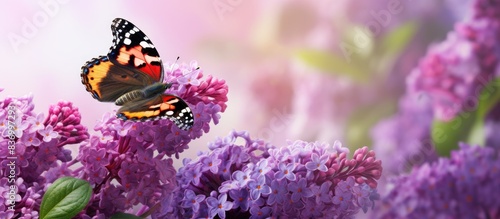 Red admiral butterfly Vanessa atalanta mariposa almirante rojo on a buquet purple lilac flowers Syringa vulgaris Lilac flowers a feast for butterflies. Creative banner. Copyspace image