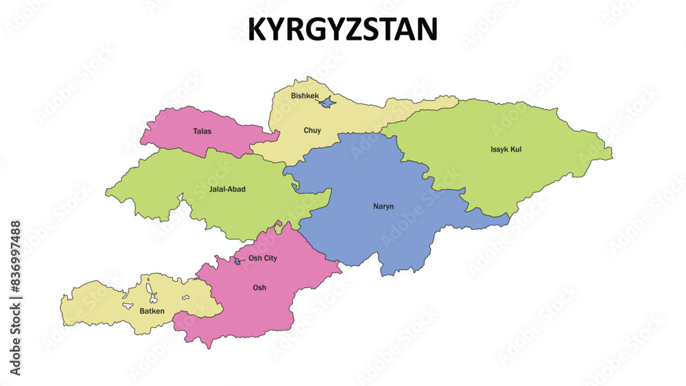 Obraz premium Kyrgyzstan Map. State and district map of Kyrgyzstan. Detailed colourful map of Kyrgyzstan.