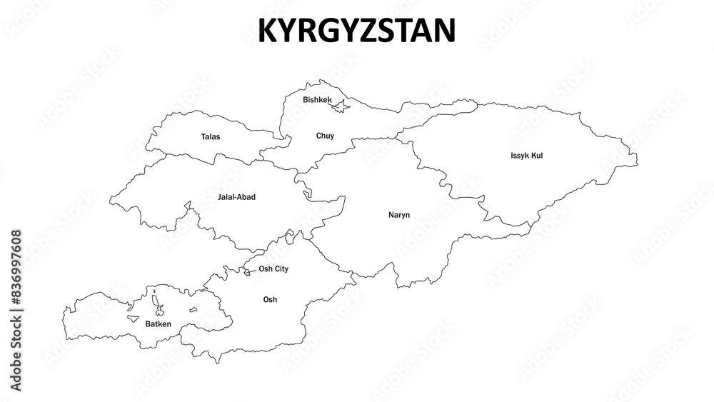Kyrgyzstan Map. Outline state map of KYRGYZSTAN. Political map of KYRGYZSTAN with a black and white design. Kyrgyzstan Map. Outline state map of KYRGYZSTAN. Political map of KYRGYZSTAN with a black and white design.