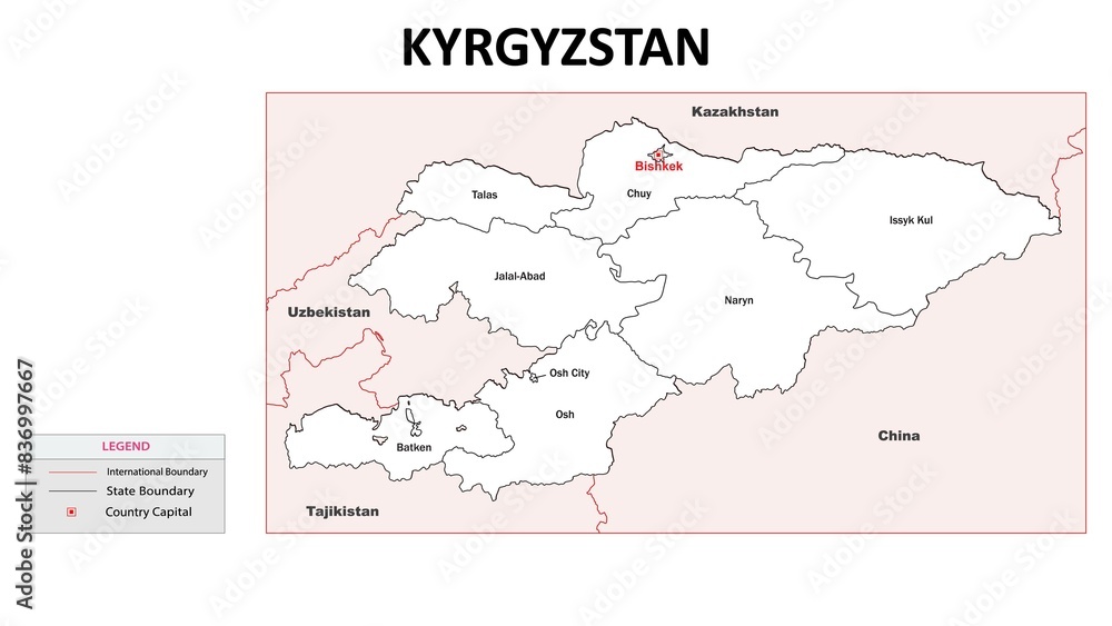 Kyrgyzstan Map. State and district map of KYRGYZSTAN. Administrative map of KYRGYZSTAN with district and capital in white color.